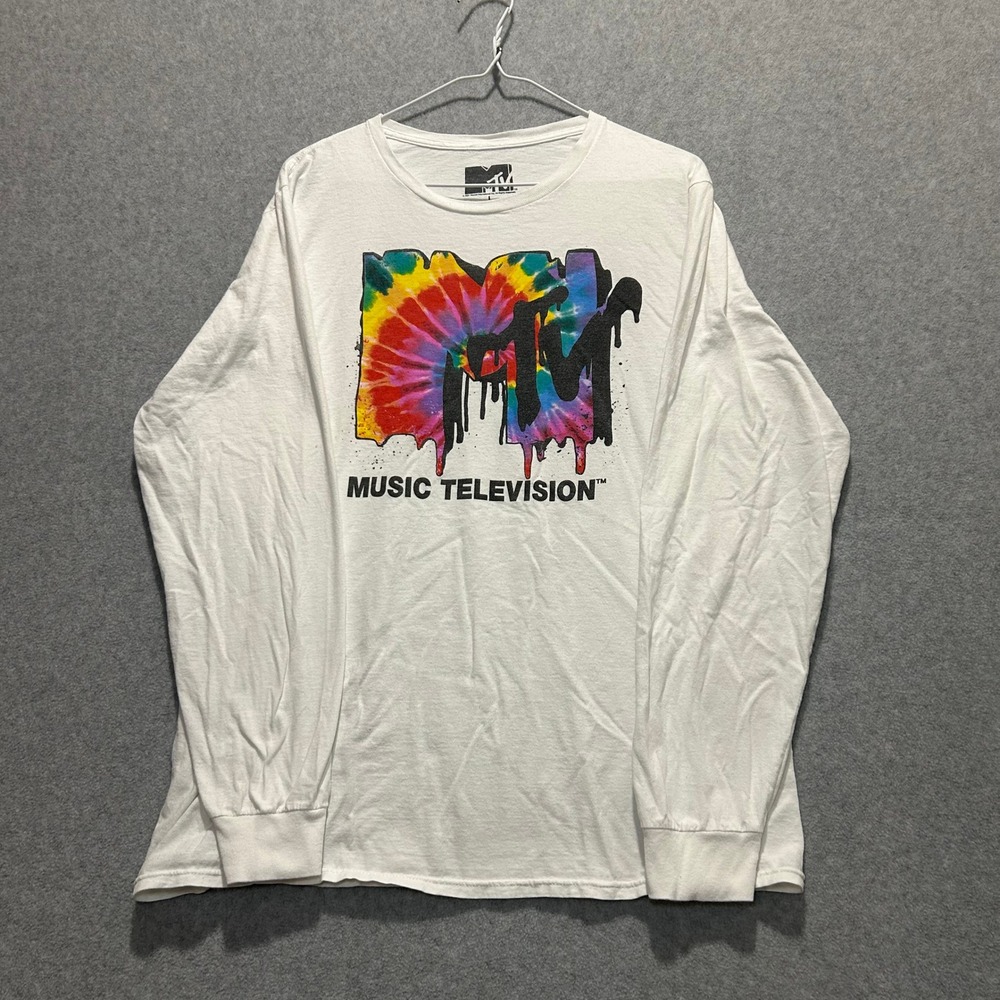 MTV Men's White Retro Long Sleeve Tie Dye Drip Logo Graphic T-Shirt Size L